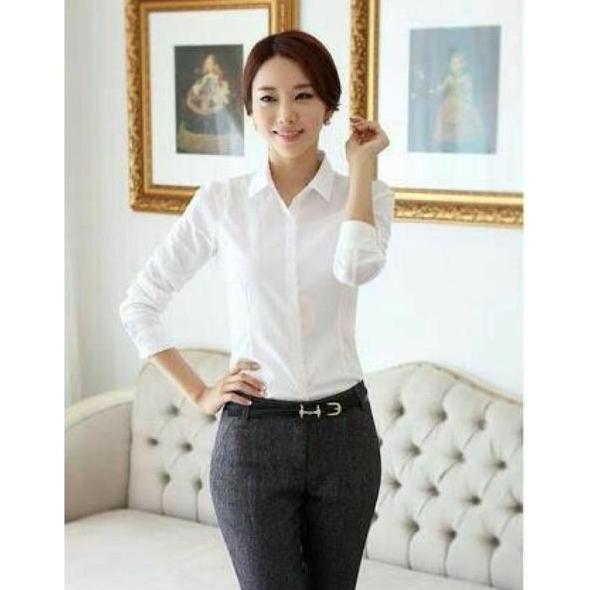 Kemeja Hem Kerja Kemeja Hem Kerja Kantor 8L Putih Formal Wanita Cewek Lengan