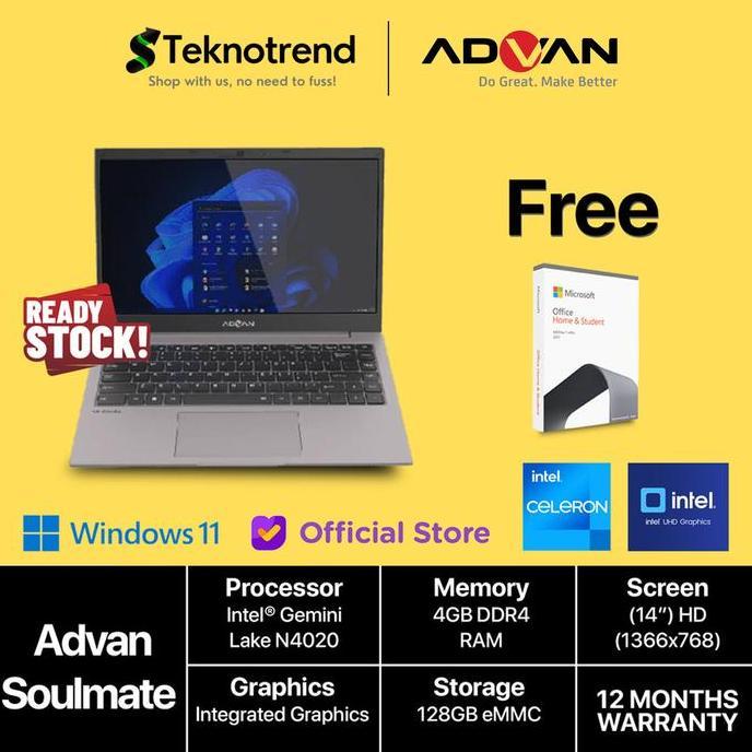 Laptop ADVAN Soulmate Celeron N4020 RAM 4GB 128GB / 256GB W11