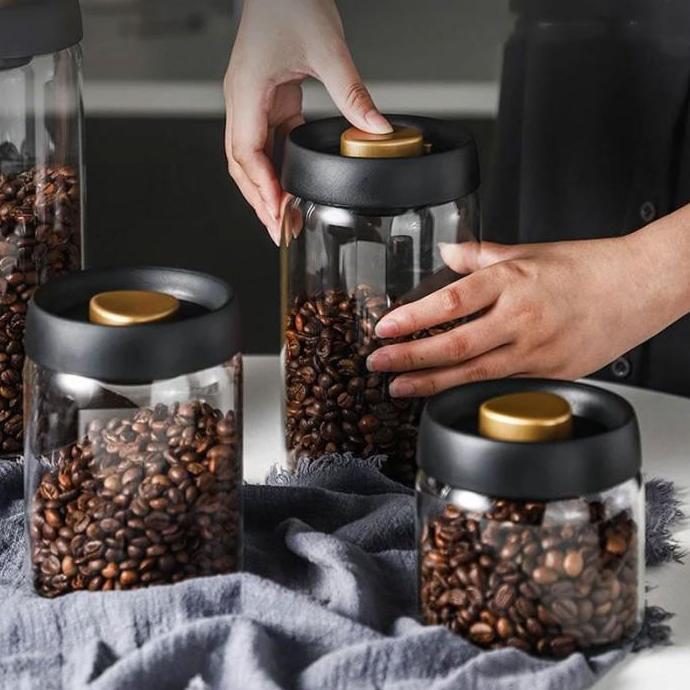 Kubika- Toples Kaca Kedap Udara 900Ml 1200Ml 1800Ml Jar Vacuum Bening Tempat Penyimpanan Beans Makan
