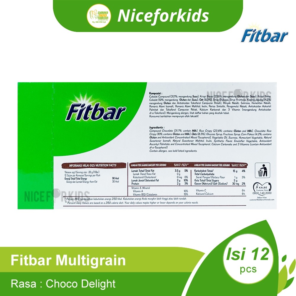 Fitbar Cemilan Instan Untuk Diet 1 Box Isi 12Pcs (20Gr)