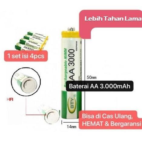 PAKET BATERAI BTY AA 3000 Mah RECHARGEABLE 1,2V + QUICK SMART CHARGER