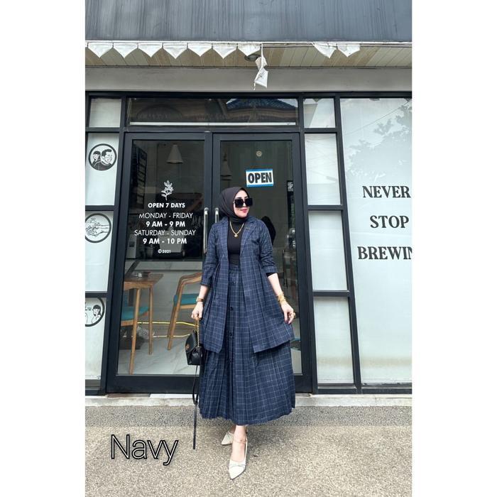 Bisa Cod - Setelan Oneset Rok Blazer Kotak Ceo Plisket Wanita Bahan Flanel Ukuran Standar & Jumbo