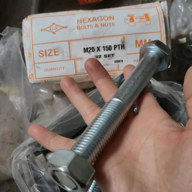 Baut Mur M20X150 Kunci 30 Galvanis/Baut Mur  Kepala Kunci M20X150 / Baut + Mur  M20 X 15Cm / Baut + 