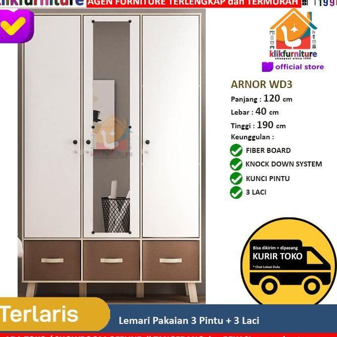 Lemari Pakaian 3 Pintu + Cermin + 3 Laci ARNOR WD3