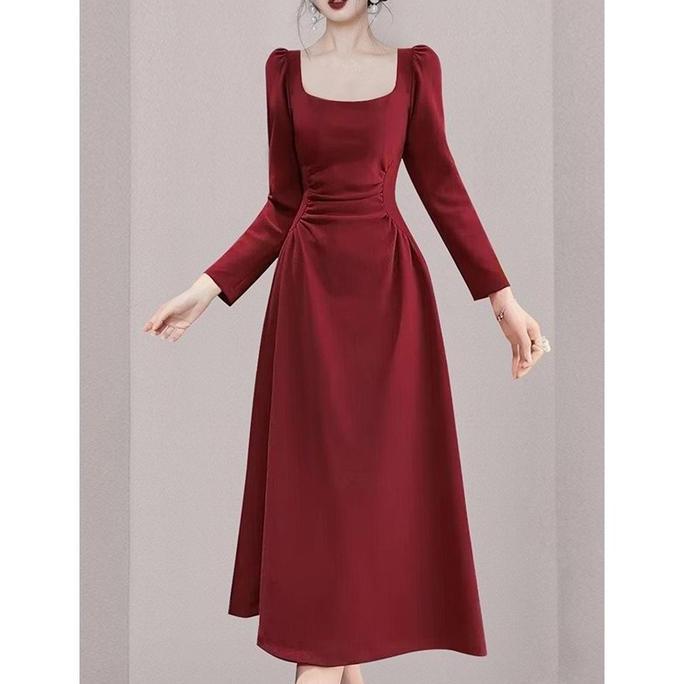 SOJEHBOW 1312 red korean Christmas red dress fittedlong sleeve for women elegant party dress plus si