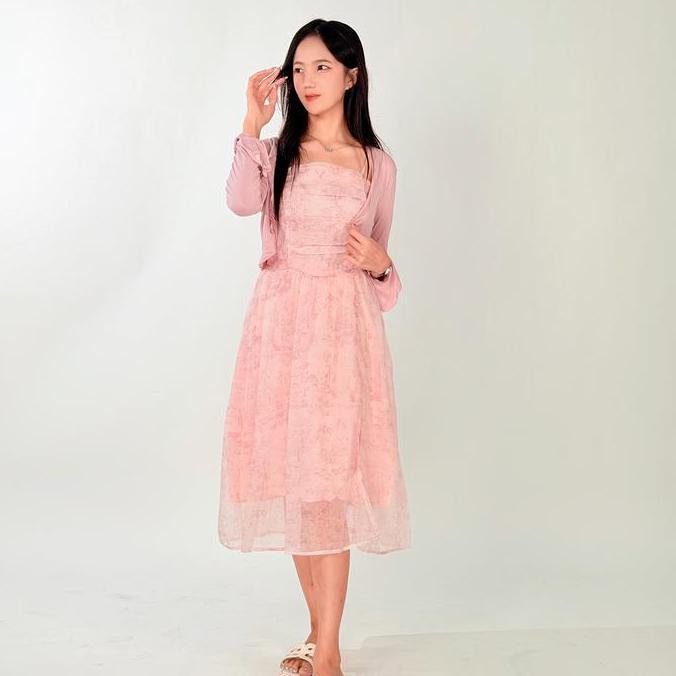 AMDOXTE LUMI-Dress Cantik Motif Marble Soft Lilac + Cardigan Rajut Tipis Setelan Wanita Elegan & Fem