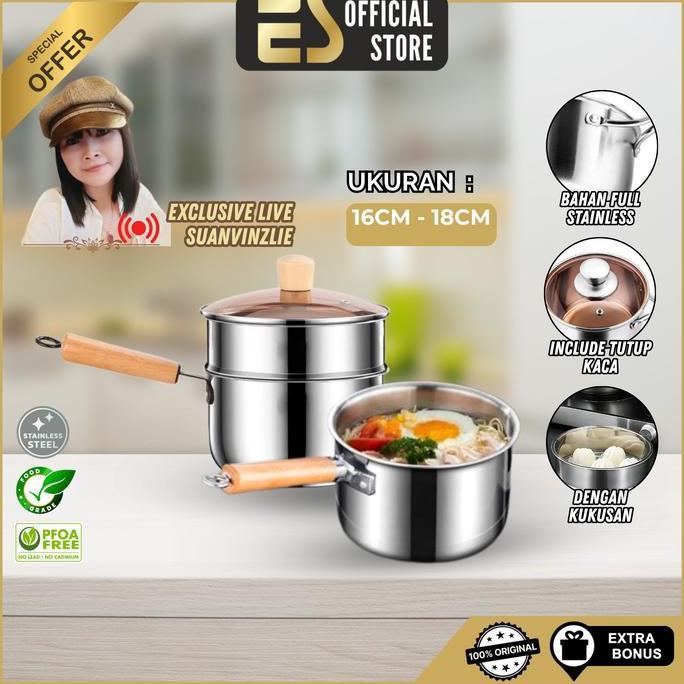 SOJEHBOW [ES x Suanvinzlie] Panci Susu Panci Mie Panci Sup Stainless Steel Dengan Kukusan Ukuran 16c