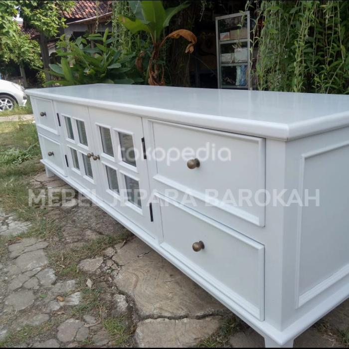 Bufet Tv Meja Tv Rak Hias Duco Putih Pintu Kaca Kayu Jati Mebel Jepara