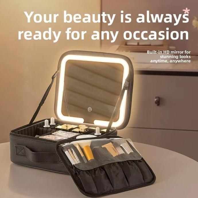 NILKAN Tas Makeup Dengan Lampu LED  Make Up Box /Tas Kosmetik /Kotak Kosmetik /Beauty Case/2Tingkat 