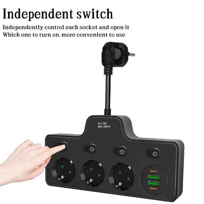 STOP KONTAK USB TYPE C COLOKAN LISTRIK 2500 WATT 10A EU PLUG QL-1119U SIAP KIRIM