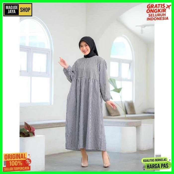 Quality Tartan Midi Dres Kotak Kotak Busui