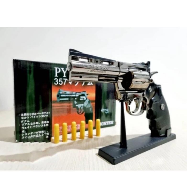 Korek Api Gas Model Pistol Besar Python 6 Peluru Plus Stand Tatakan / Korek Api Pistol mainan Peluru