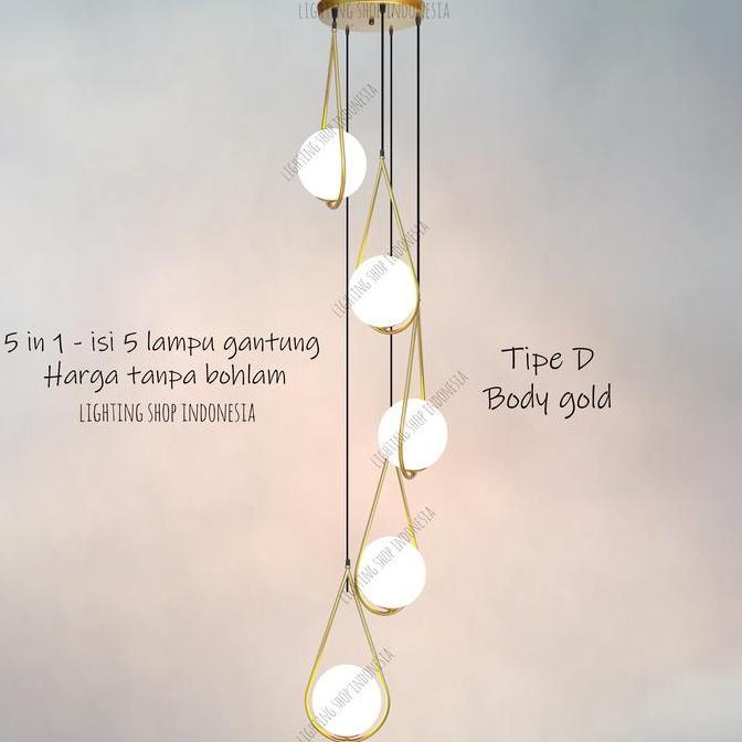 Lampu Gantung Void Tangga 5In1 Gold Hitam Kaca Modern Minimalis 5Lampu