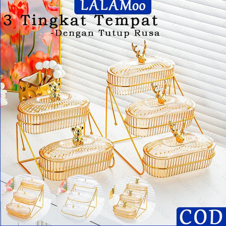 Rak Penyimpanan Buah & Snack 3 Tingkat Dengan Tutup Rusa / Toples Makanan Ringan, Kopi Anti Debu / W