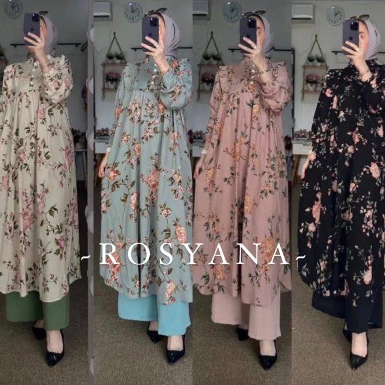 ARVESSACORNER SETELAN LONG TUNIK  MOTIF BUNGA JASMINE KECIL BAHAN RAYON DIAMOND CELANA CRINGKEL TERM