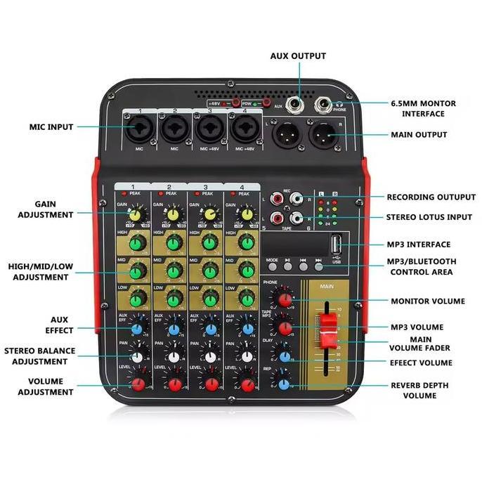 Mixer Audio Podcast Dj Karaoke Mini Bluetooth 6 Channel