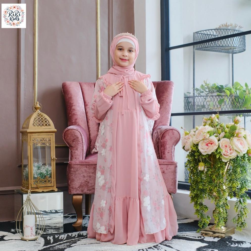 Gamis Anak Perempuan - Thirka Kids - Gamis Anak Set Jilbab Bahan Organza Bordir / Abaya Anak Set Hij
