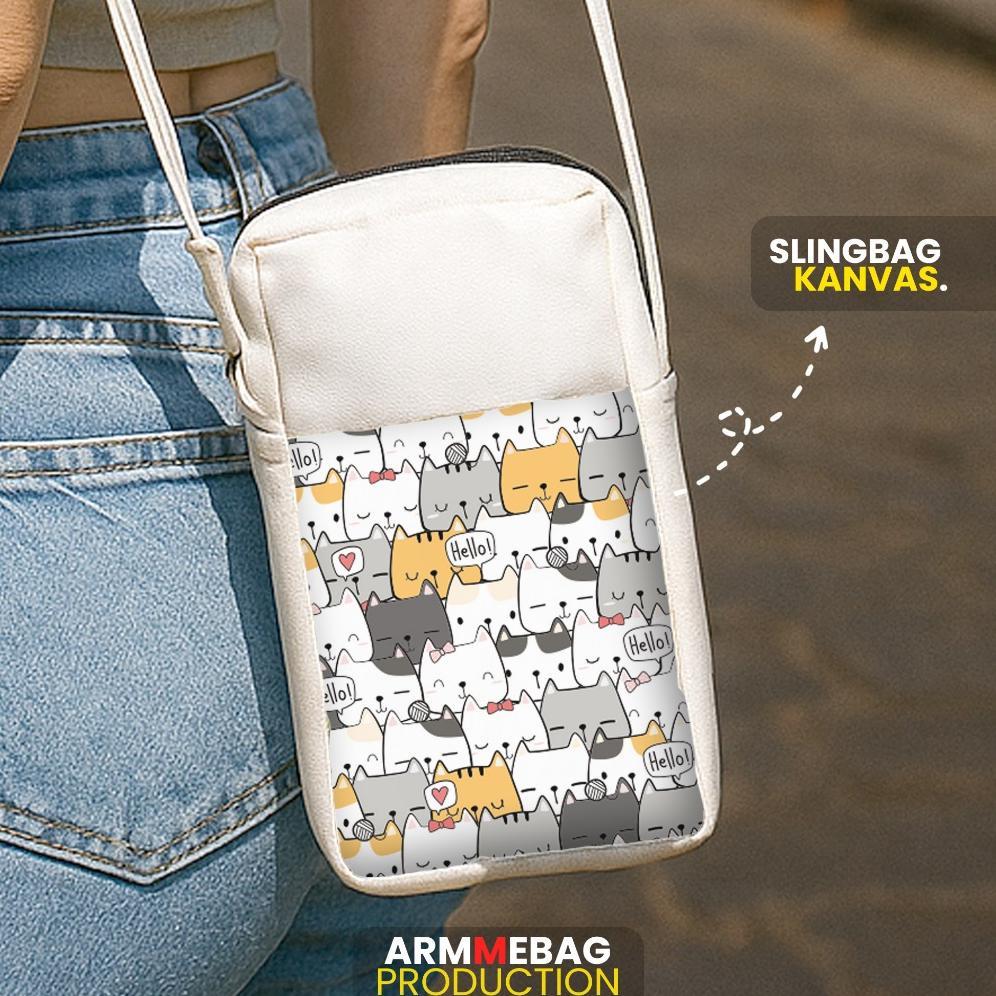 Termurah / Hot Sale Sling Bag Phone Cat Bahan Kanvas Ukuran Kecil - Tas Handphone / Tas Wanita
