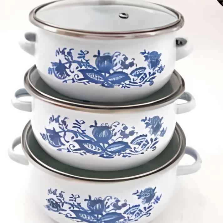 Kh-Panci Set Enamel Kembang Susun 10Pcs & 6Pcs / Panci Susun 3 Enamel Tutup Kaca / Panci Reona
