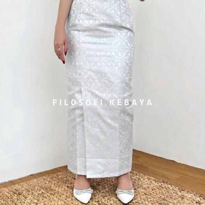 Rok Songket Span Jadi Pinggang Karet Rok Songket Wisuda Rok Kebaya Belah Rok Songket Silver Putih JM