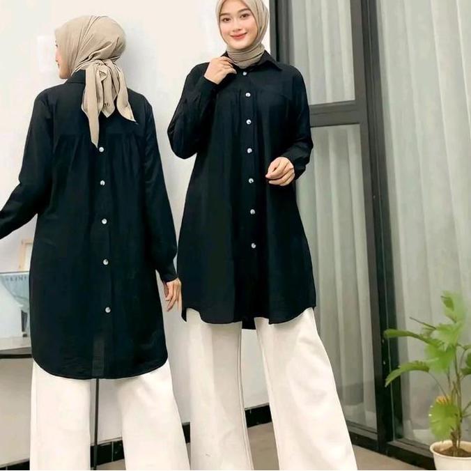 produk asli zella tunik polos polo linen kancing depan belakang|| kemeja wanita polos tunik pololine