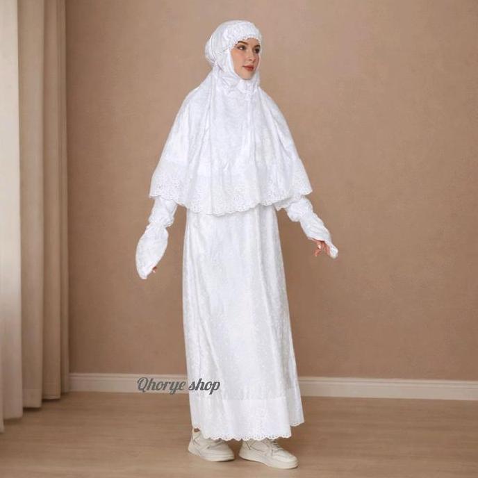 New Gamis Putih Untuk Haji Dan Umroh Set Jilbab Sarung Tangan Bahan Silk Renda Krancang  Lembut Nyam