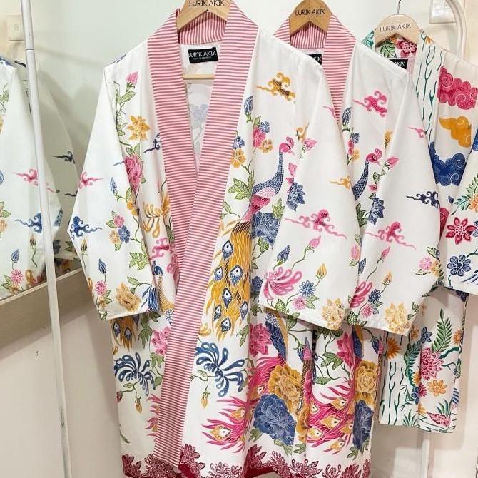 Lurik Akik Batik Outer Long Sleeve Lurik Akik Bahan Batik Cap Pekalongan Putihan Motif Burung Size L