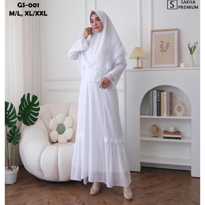 New Sakha - Gs 001 Baju Gamis Putih Syar'I Wanita Gamis Putih Ceruti Jumbo Baju Lebaran Umroh Haji B