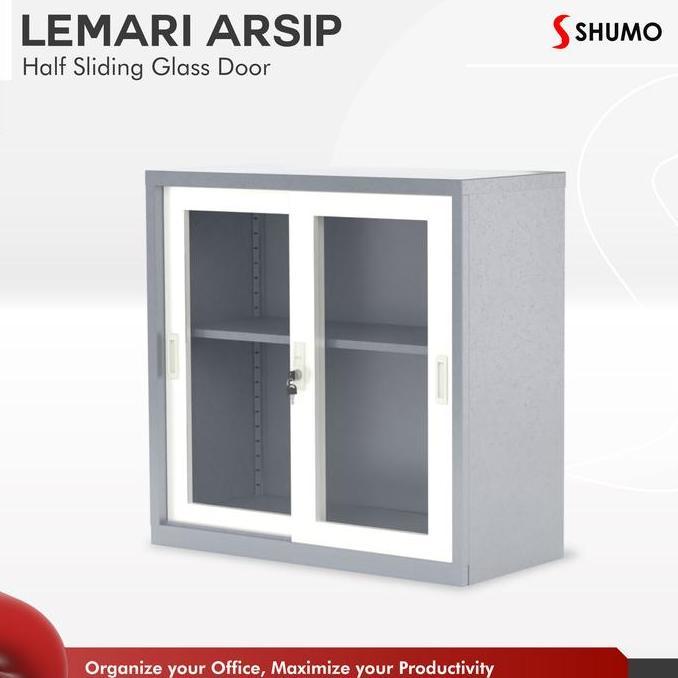 Lemari Arsip Besi 2 Pintu Sliding Kaca Pendek|Lemari sleding Kantor