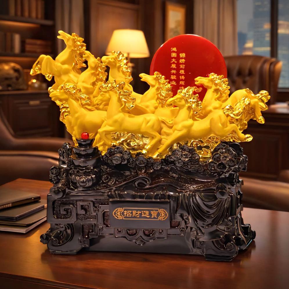 20cm Pajangan Fengshui Kuda Delapan Kuda Berlari PAJANGAN FENGSHUI 8 KUDA EMAS FENGSHUI KUDA BERLARI