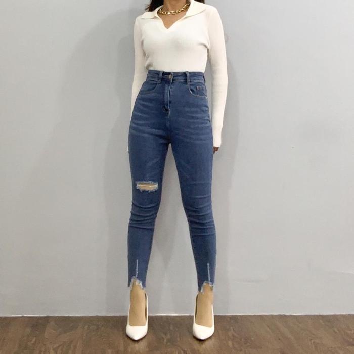 Bisa Cod - [Luxe.Dlabel] - E17 Jeans | Celana Panjang Highwaist Wanita Jeans Wanita Polos Ripped Jea