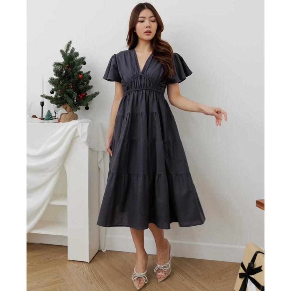 LIMITED MEGAN MIDI DRESS WANITA ROK SUSUN LEHER V TANGAN PENDEK KOREAN STYLE BAHAN RAYON TWILL