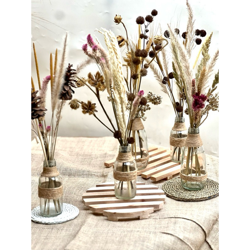 Bunga Kering Daun Rustic Dan Vas Botol Kaca