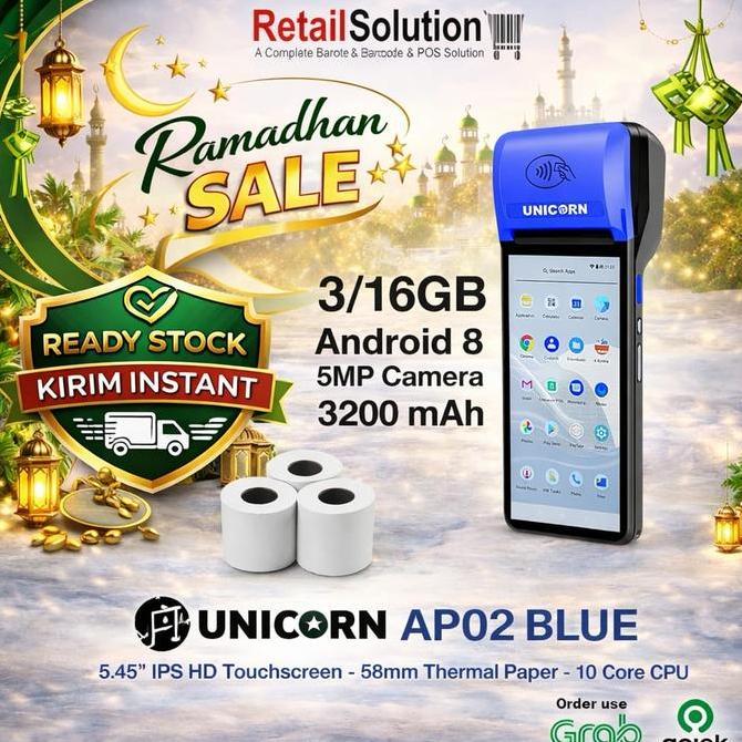 UNICORN AP02 AP-02 Blue - Mesin Kasir Android Portable NFC 3/16GB
