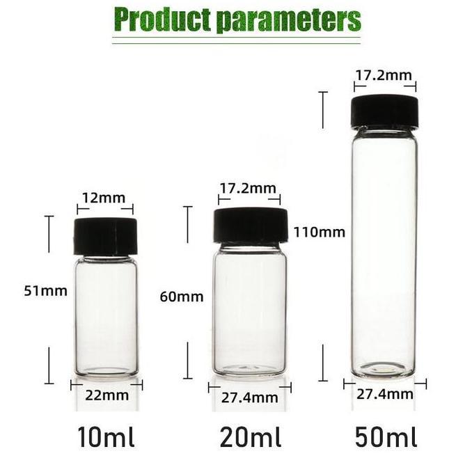 SOJEHBOW 5Pcs Botol Kaca Kecil Clear 10 Ml 20mL 50mL Tutup Ulir Hitam Refillable Vial Tester Sample 