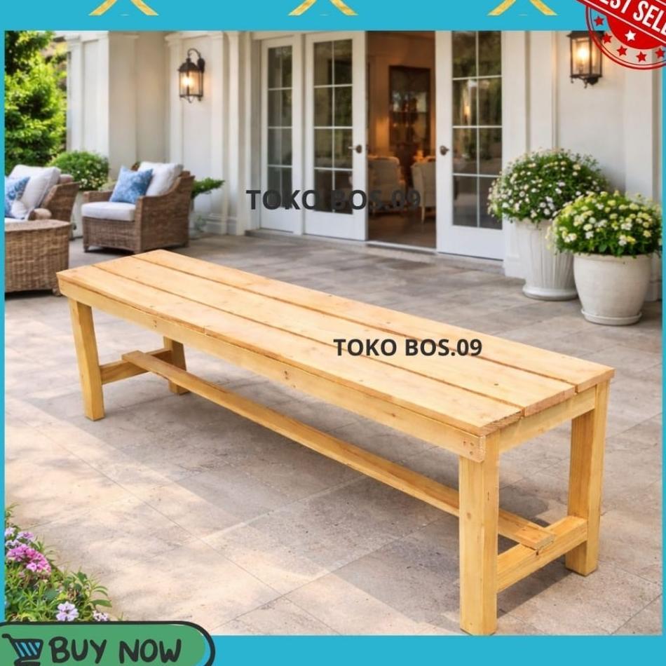 Bangku Kayu Panjang Minimalis | Kursi Tunggu, Teras, Taman Warna Natural