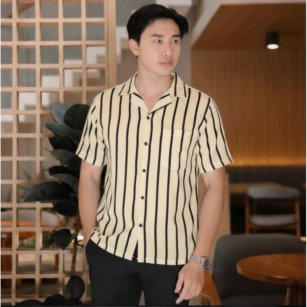ORIGINAL kemeja stripe hawai v-neck pria hem salur garis - garis terlaris kemeja pria lengan pendek 