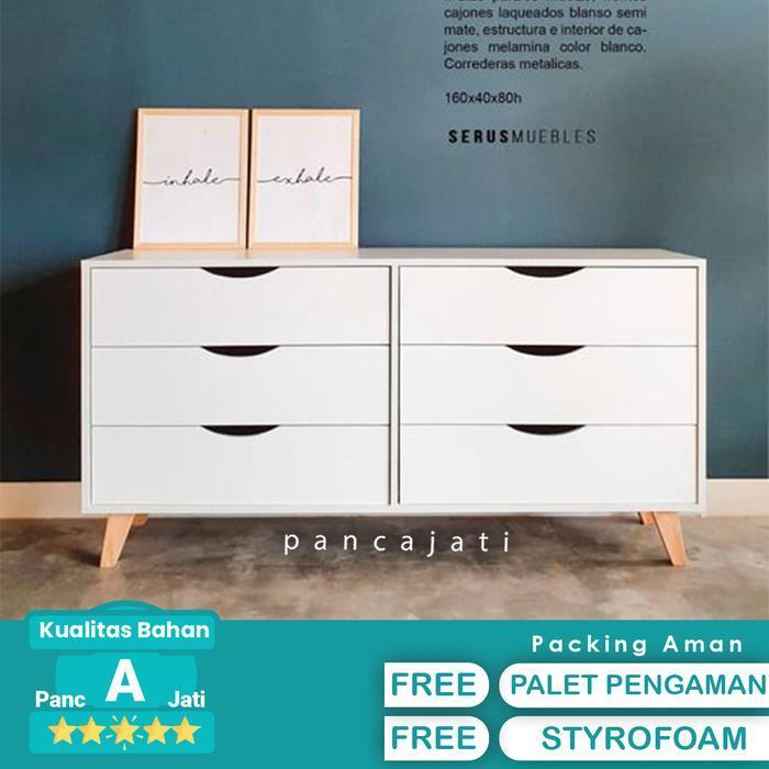 Lemari Laci 6 Susun Warna Putih Kaki Kayu Natural