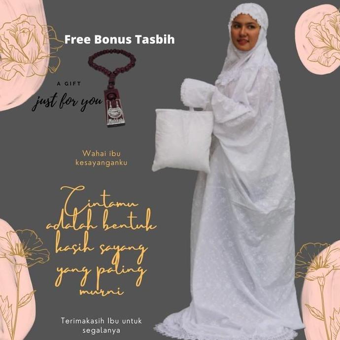 Mukena Terusan Jepang kain Katun Premium Putih renda bunga muslimah