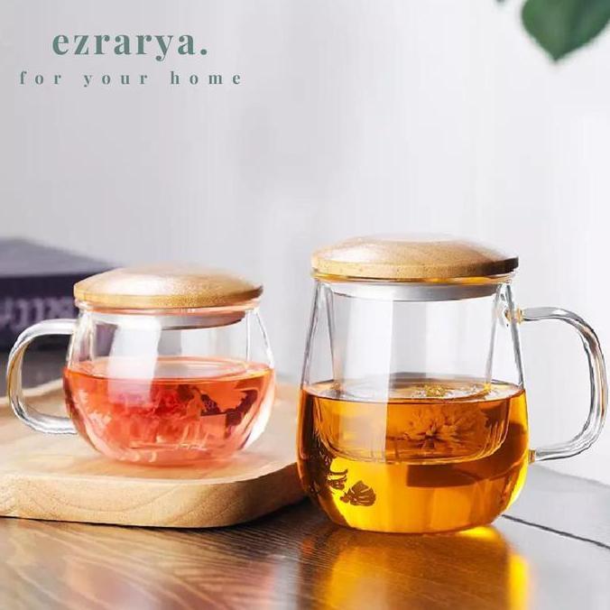 EZRARYA Gelas Teh Kopi Saringan Infuser Gelas Kaca Saringan Teh Kopi Kayu