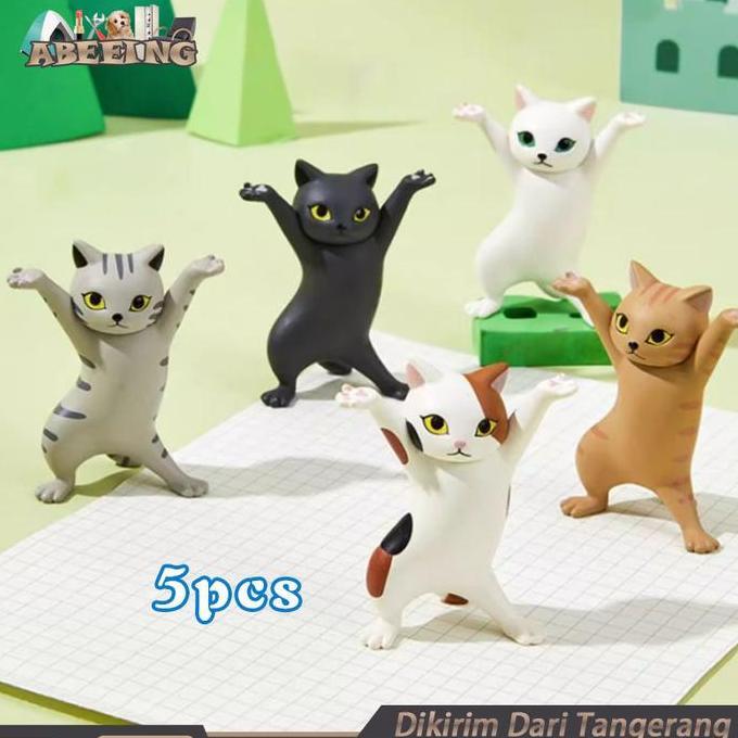 BRAVECOU 5pcs Dancing Cat Pen Holder Patung Kucing Angkat Tangan Imut Untuk Pen Airpods Holder