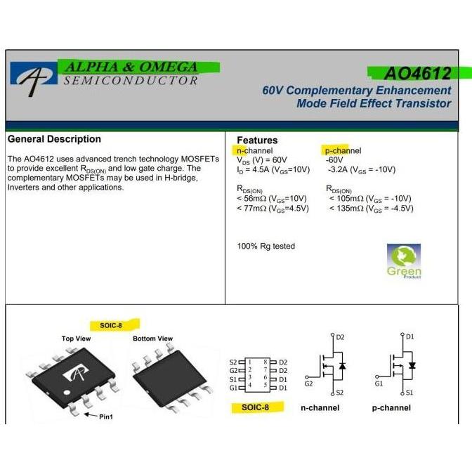 AO4612 60V N-Channel & P-Channel Mosfet 4612 SOIC-8 Alpha Omega Origin