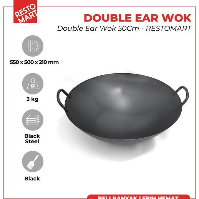 Kuteka- Wajan Baja Pre Seasoned / Kuali / Wajan Black Steel / Double Ear Wok 50 Cm (2291084) (F12)