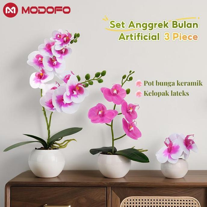 DISKON SPESIAL - CODMODOFO Anggrek Bulan Simulasi Premium Bahan Lateks, Set 3 Pot (Sedang, Besar, Ke
