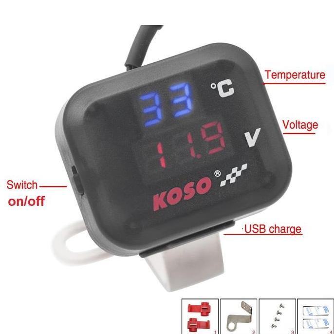 siapVoltmeter Koso 3 in 1 USB Charger Universal Semua Motor Anti Air Original Termometer DigitalJam 