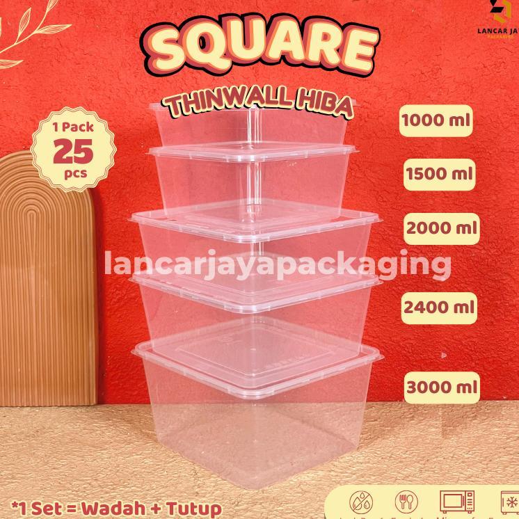 Hiba Thinwall Square Kotak Makan Plastik Persegi Wadah Nasi Berkat Kue 1000 1500 2000 2400 3000 Ml