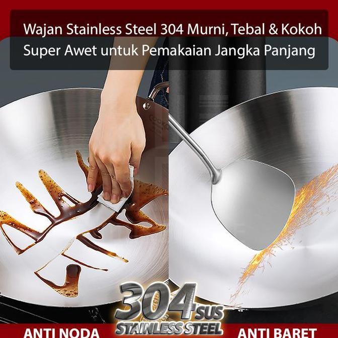 SEDANG HUGO Wajan Stainless 304 Tebal Kuali Premium dengan Pegangan Stainless Steel Kuali Besar Kate
