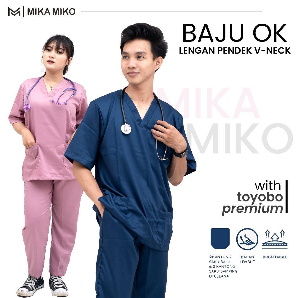 New Mikamiko - Baju Ok Dokter [Gratis Bordir Nama] Scrub Oka Lengan Pendek Stenen Perawat Bidan Medi