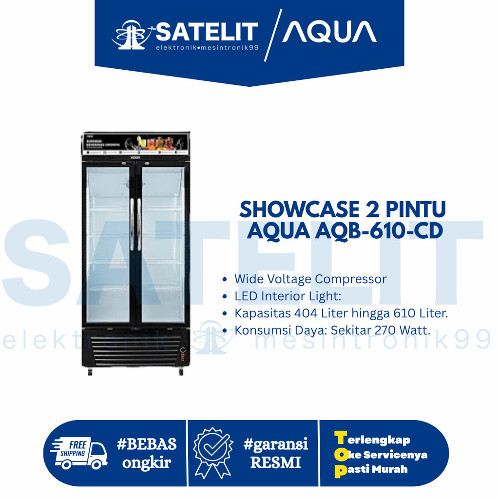 AQUA Showcase 2 Pintu AQB-610CD - Kapasitas 404L Double Layer Glass Door Low Watt
