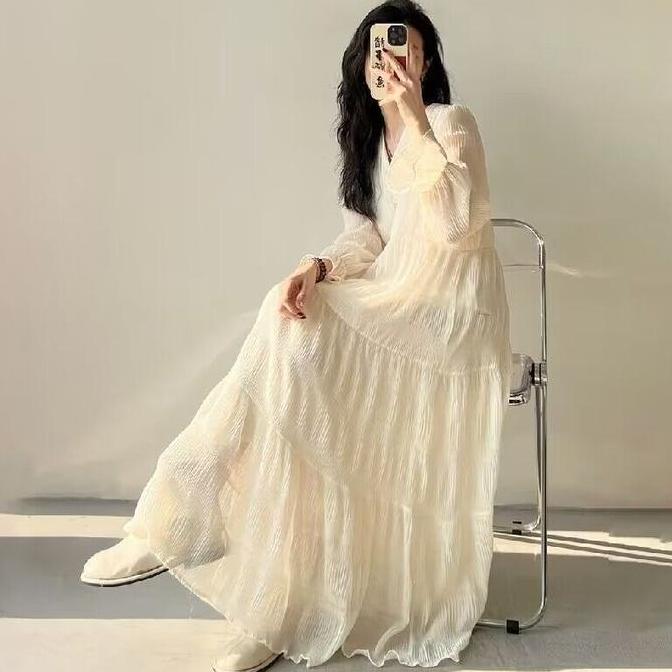 Kleid- Gaun Wanita Cream Sifon Lengan Panjang Warna Putih Casual Long Dress Home Dress Busui M505